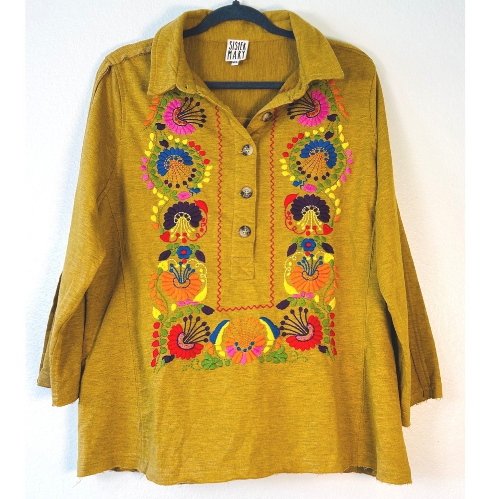 Sister Mary Boho Lagenlook Yellow Embroidered Floral Tunic Top M/L